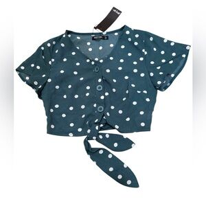 Nasty Gal Teal Polka Dot Button-Up Crop Top